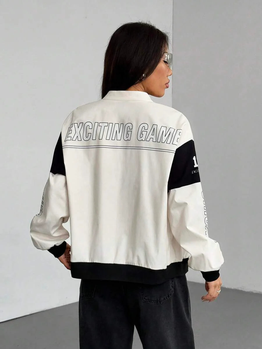 PETITE Letter Print Contrast Color Drop Shoulder Bomber Jacket For New Year Clothes