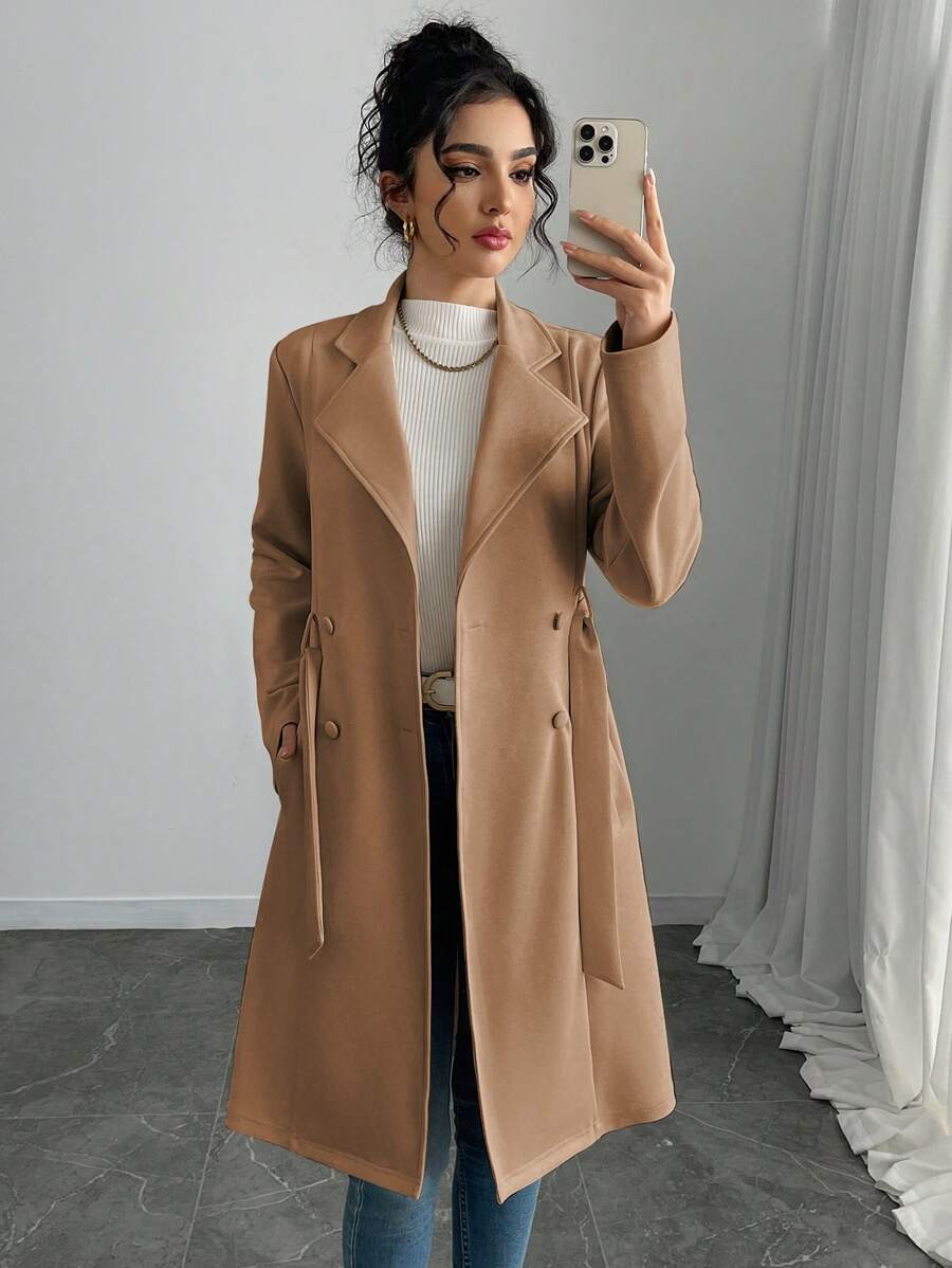 RosyDaze Women's Solid Color Faux Suede Double-Breasted Side Pocket Regular Jacket Fall Winter Cloth For Women