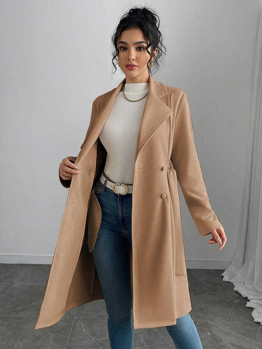 RosyDaze Women's Solid Color Faux Suede Double-Breasted Side Pocket Regular Jacket Fall Winter Cloth For Women