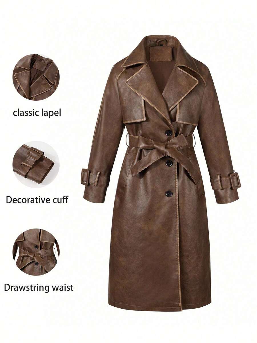 Women's Spring/Autumn PU Long Jacket, Chic Lightweight Trench Coat With Adjustable Belt - Versatile Commuter Jacket