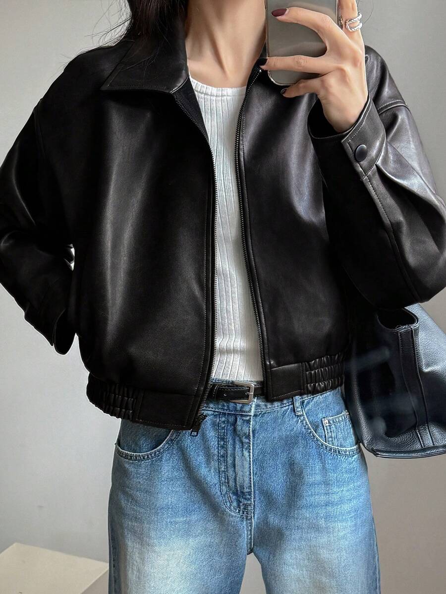 DAZY Spring New Distressed Leather Jacket, Short Style Lady Casual Outerwear, Fall Clothes