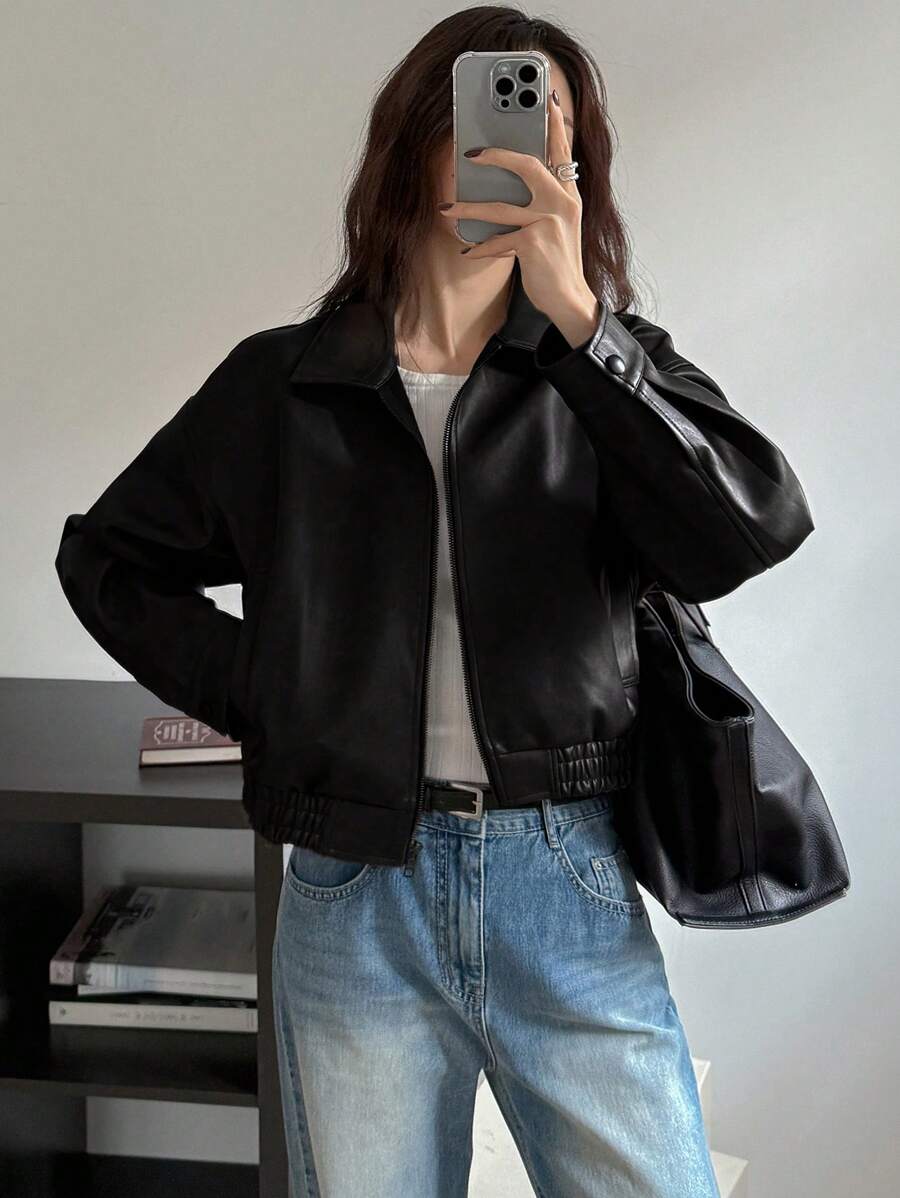 DAZY Spring New Distressed Leather Jacket, Short Style Lady Casual Outerwear, Fall Clothes