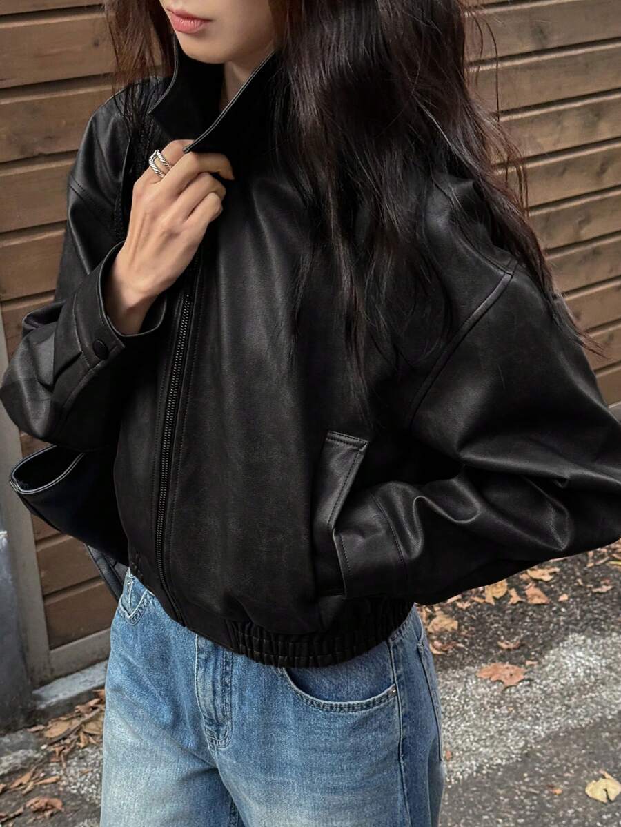 DAZY Spring New Distressed Leather Jacket, Short Style Lady Casual Outerwear, Fall Clothes