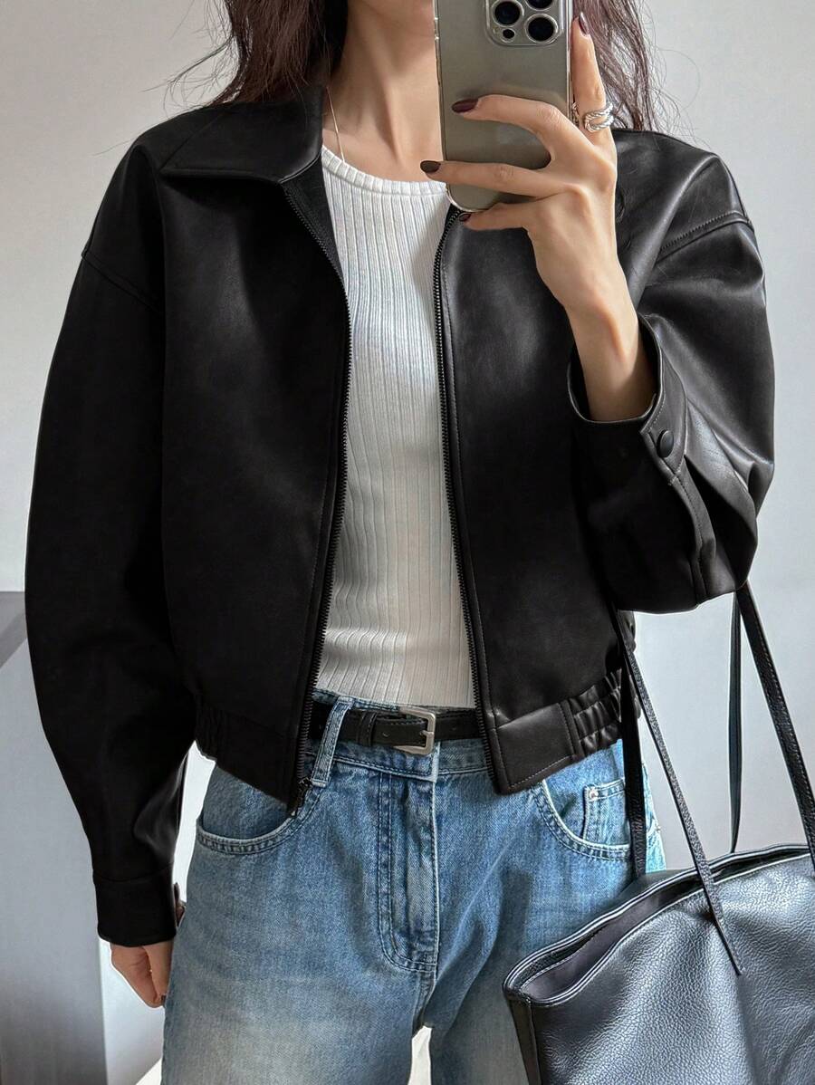 DAZY Spring New Distressed Leather Jacket, Short Style Lady Casual Outerwear, Fall Clothes