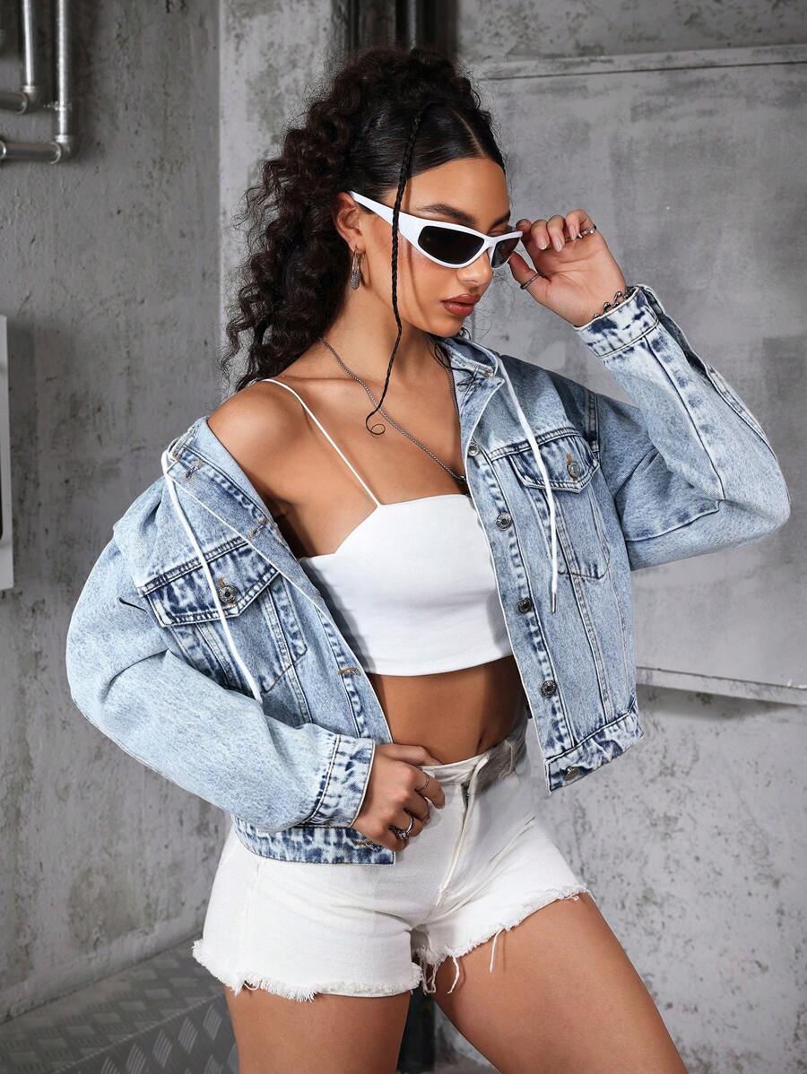 SHEIN Frenchy Flap Pocket Drop Shoulder Denim Jacket Winter