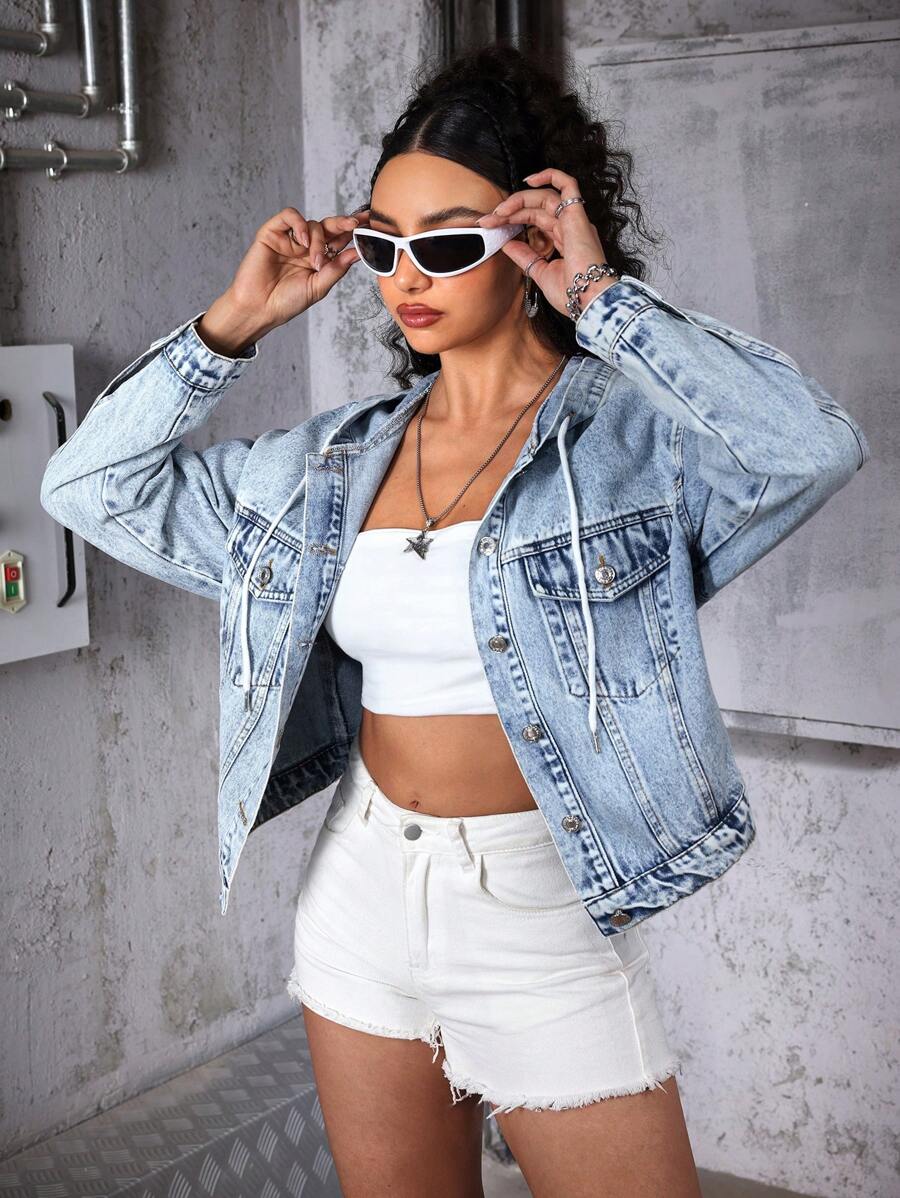 SHEIN Frenchy Flap Pocket Drop Shoulder Denim Jacket Winter