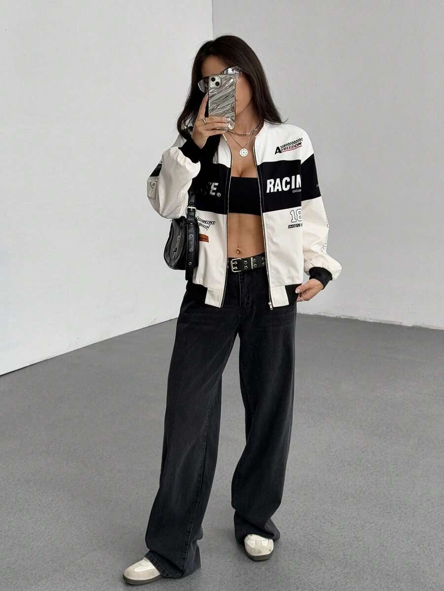 PETITE Letter Print Contrast Color Drop Shoulder Bomber Jacket For New Year Clothes