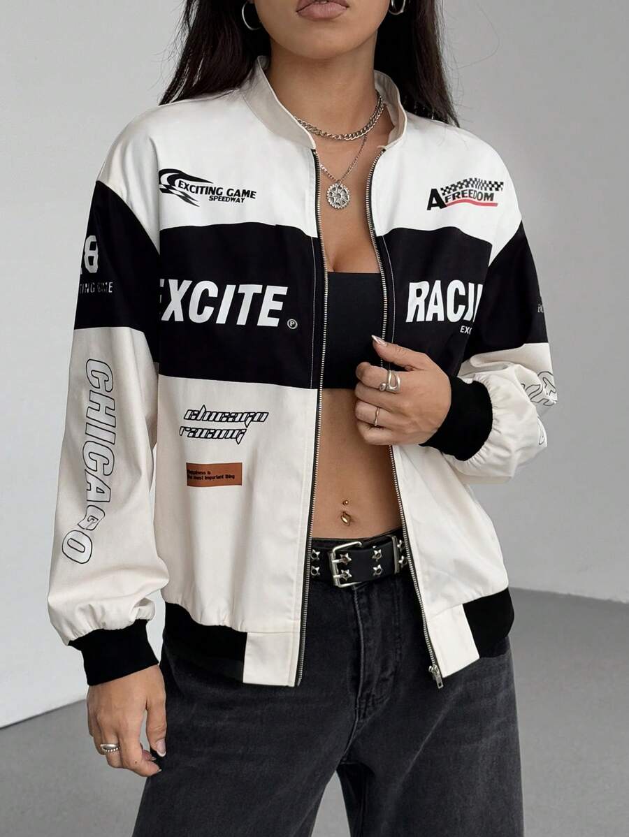 PETITE Letter Print Contrast Color Drop Shoulder Bomber Jacket For New Year Clothes
