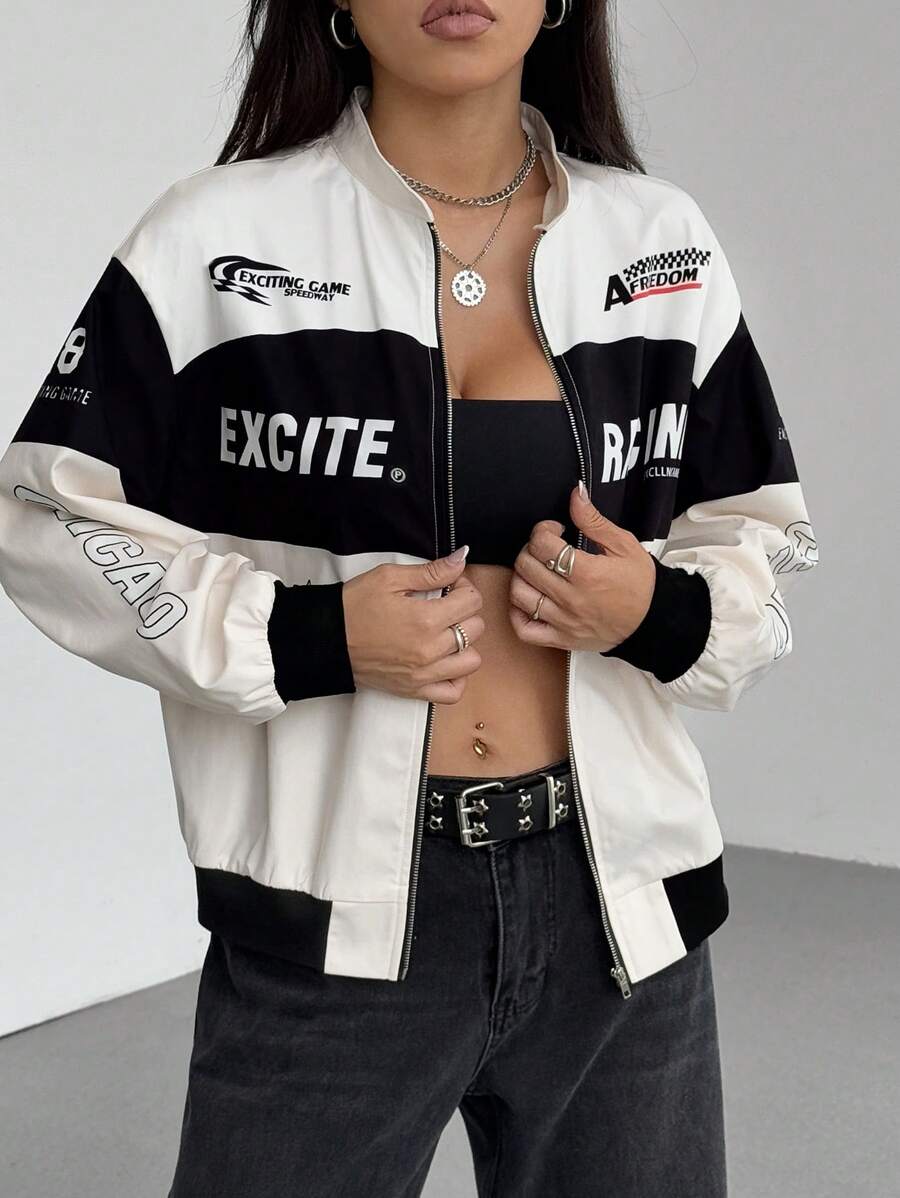 PETITE Letter Print Contrast Color Drop Shoulder Bomber Jacket For New Year Clothes