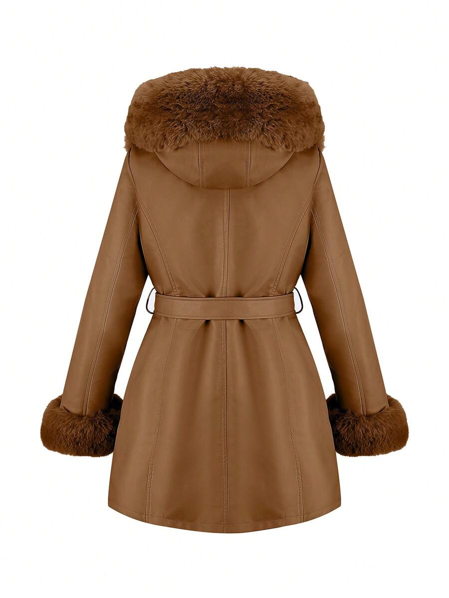 Giolshon Women's PU Jacket With Faux Fur And Belt - Perfect For Fall And Winter, And Stylish With Waist Tie For Casual Or Work Commute
