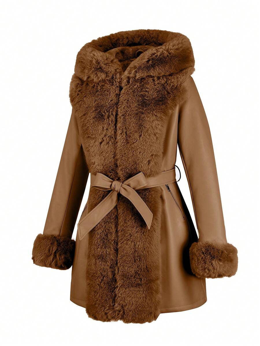 Giolshon Women's PU Jacket With Faux Fur And Belt - Perfect For Fall And Winter, And Stylish With Waist Tie For Casual Or Work Commute