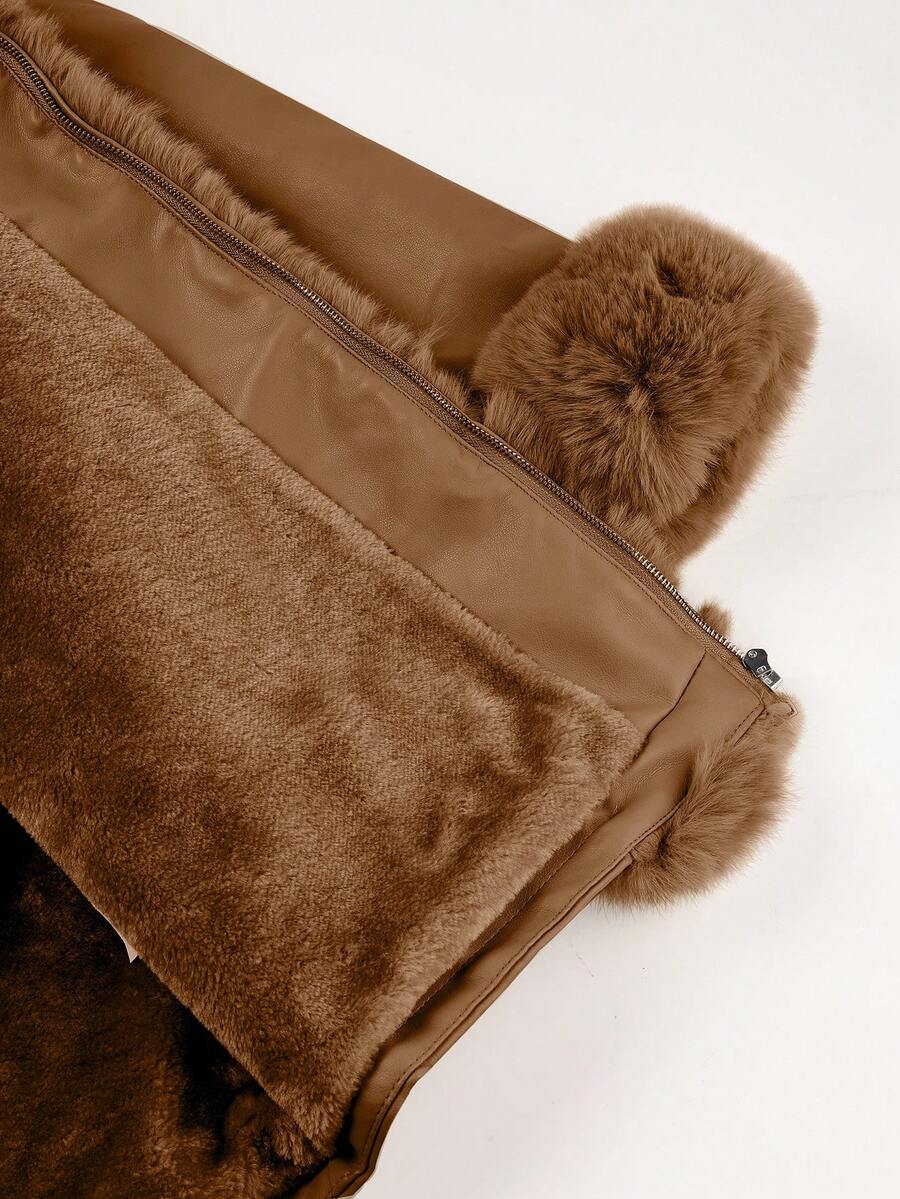 Giolshon Women's PU Jacket With Faux Fur And Belt - Perfect For Fall And Winter, And Stylish With Waist Tie For Casual Or Work Commute