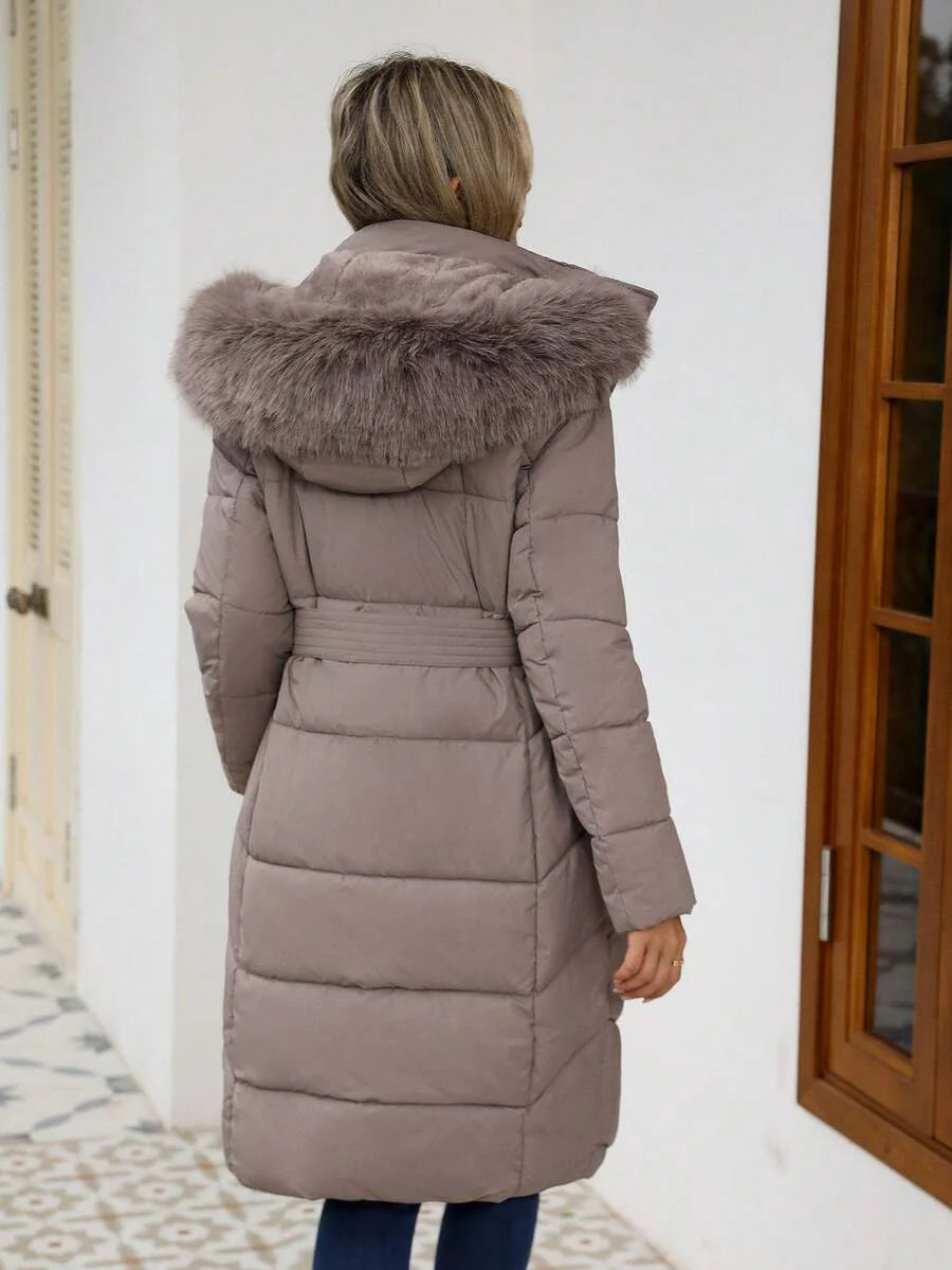 Risissida Women's Casual Hooded Jacket With Pockets, Lightweight Faux Fur Lined Quilted Trench Coat, Fall Daily Wear Winter Coat