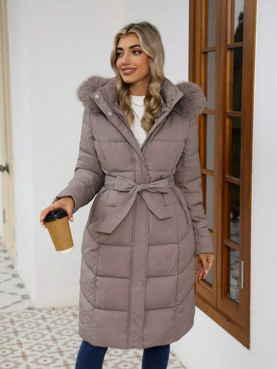 Risissida Women's Casual Hooded Jacket With Pockets, Lightweight Faux Fur Lined Quilted Trench Coat, Fall Daily Wear Winter Coat