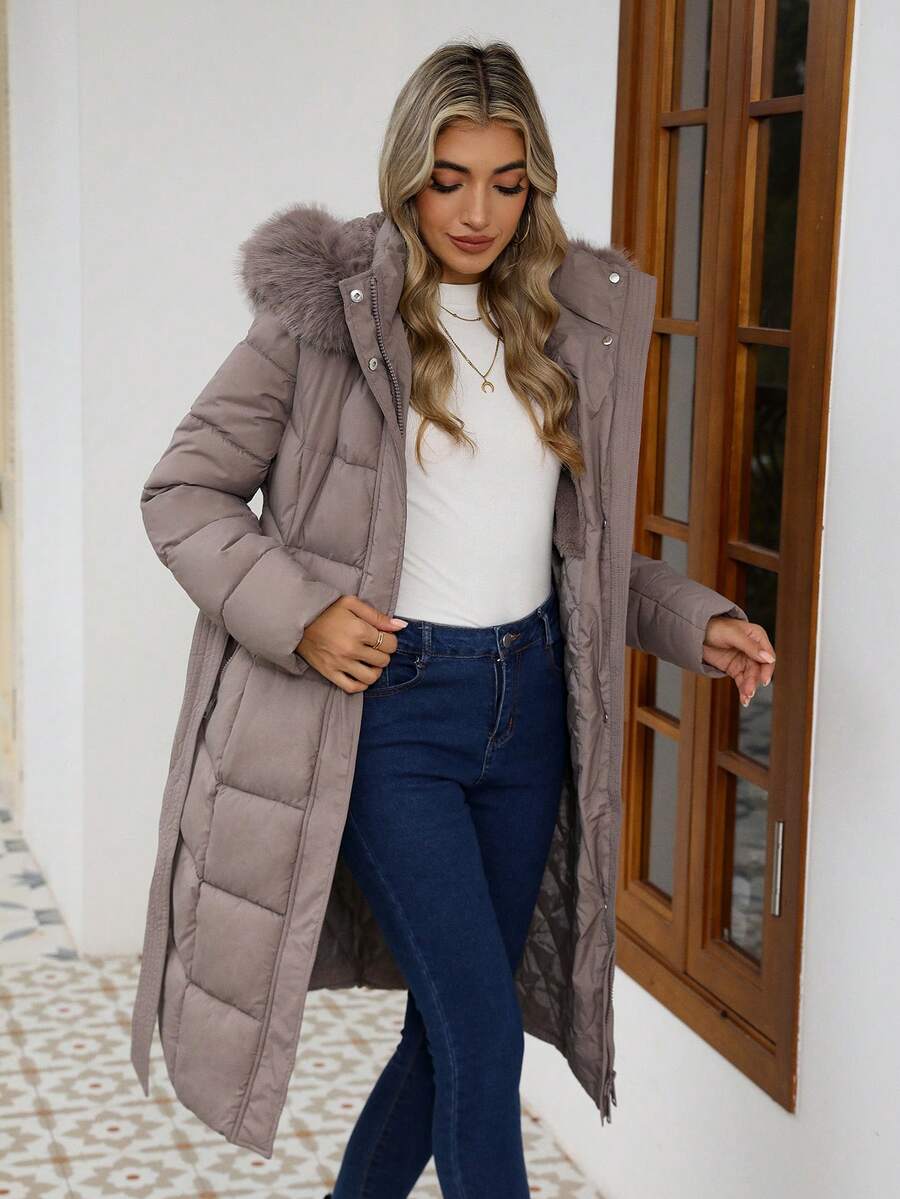 Risissida Women's Casual Hooded Jacket With Pockets, Lightweight Faux Fur Lined Quilted Trench Coat, Fall Daily Wear Winter Coat