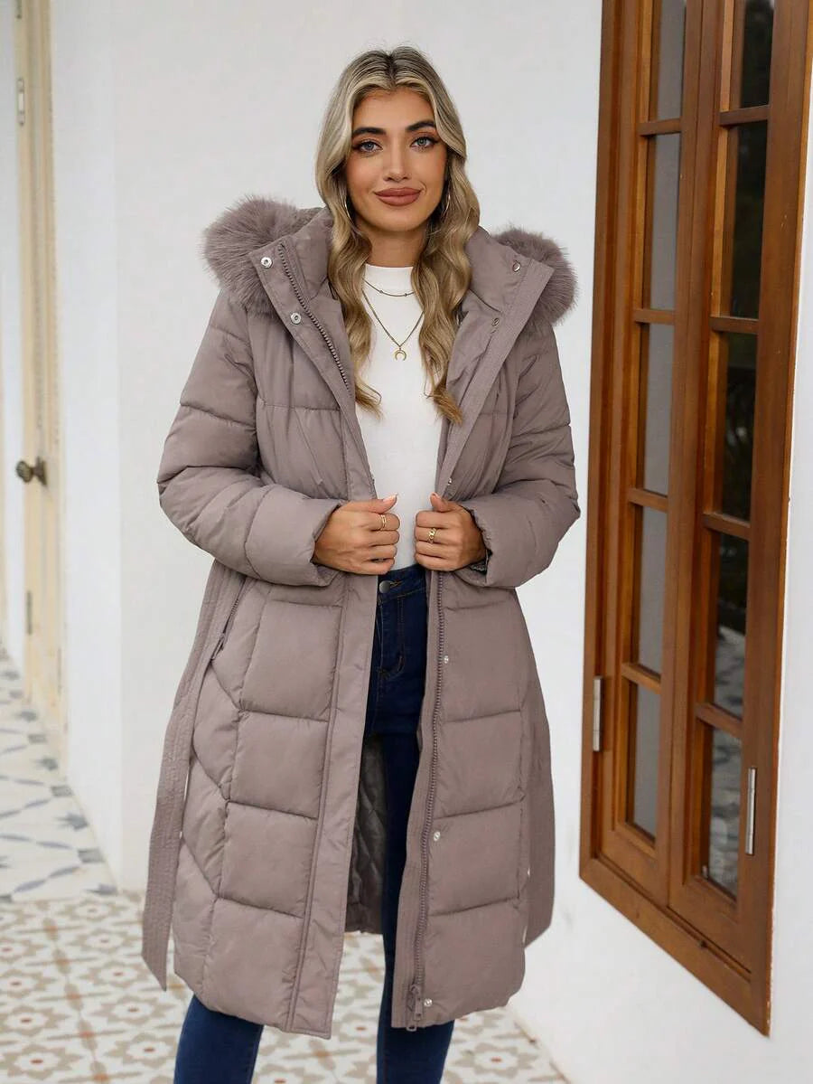 Risissida Women's Casual Hooded Jacket With Pockets, Lightweight Faux Fur Lined Quilted Trench Coat, Fall Daily Wear Winter Coat