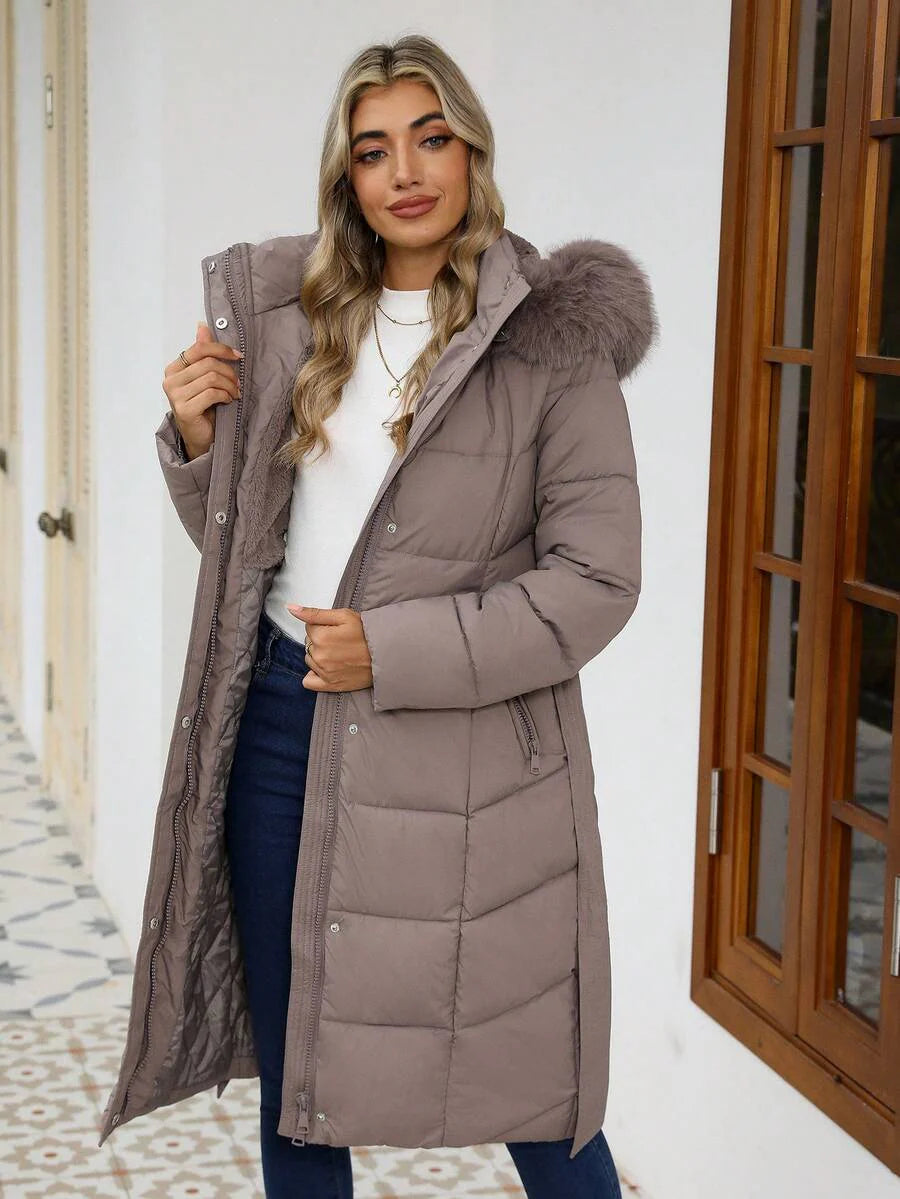 Risissida Women's Casual Hooded Jacket With Pockets, Lightweight Faux Fur Lined Quilted Trench Coat, Fall Daily Wear Winter Coat