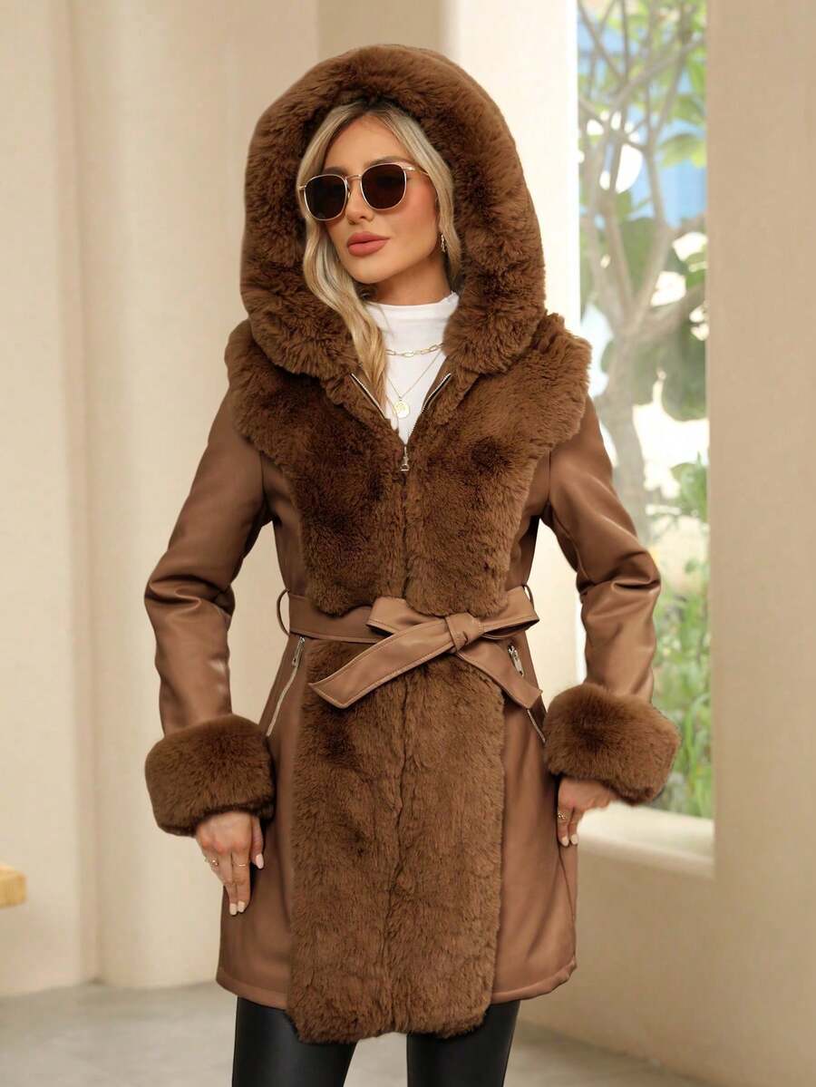 Giolshon Women's PU Jacket With Faux Fur And Belt - Perfect For Fall And Winter, And Stylish With Waist Tie For Casual Or Work Commute