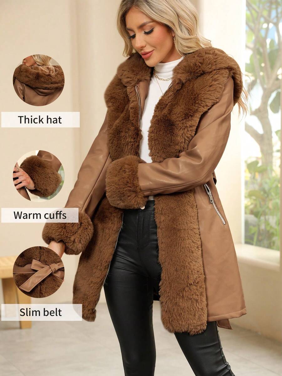 Giolshon Women's PU Jacket With Faux Fur And Belt - Perfect For Fall And Winter, And Stylish With Waist Tie For Casual Or Work Commute