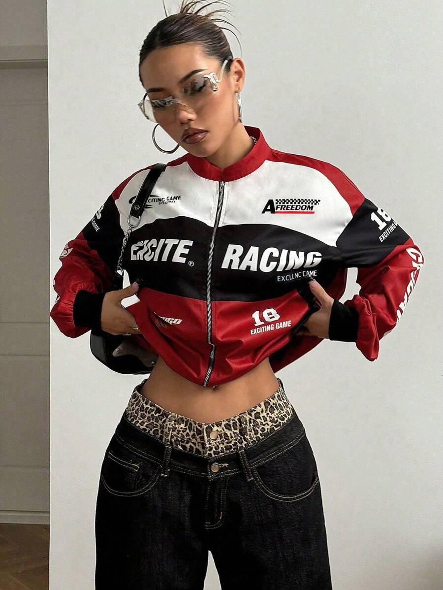 PETITE Letter Print Contrast Color Drop Shoulder Bomber Jacket For New Year Clothes