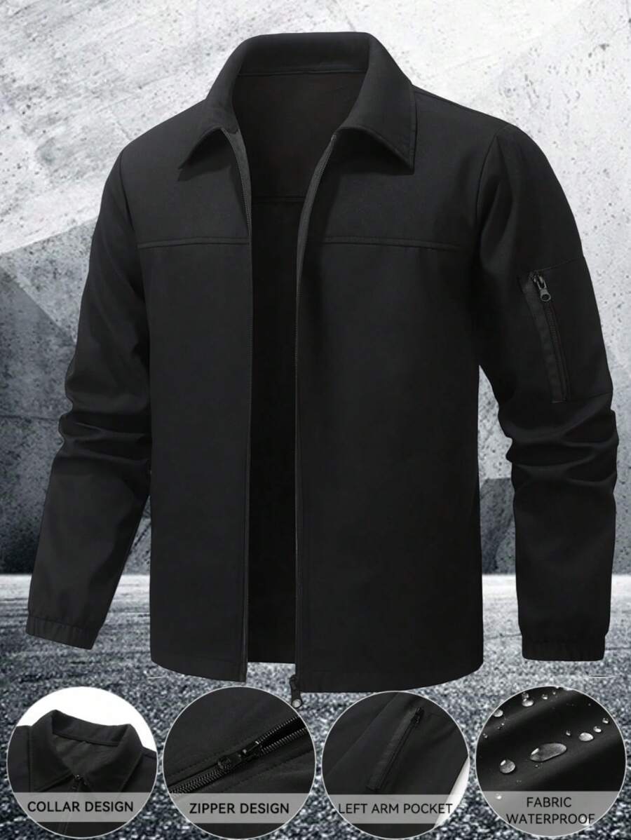 Manfinity Homme Men's Solid Color Zip-Up Casual Outdoor Windbreaker Jacket, Men's Black Jacket, Men's Teachwear Jacket