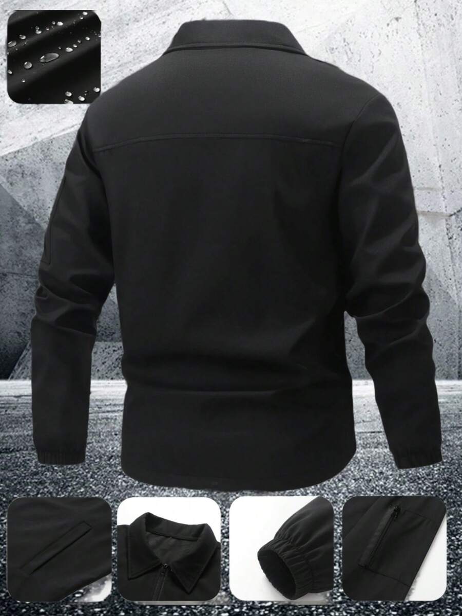 Manfinity Homme Men's Solid Color Zip-Up Casual Outdoor Windbreaker Jacket, Men's Black Jacket, Men's Teachwear Jacket