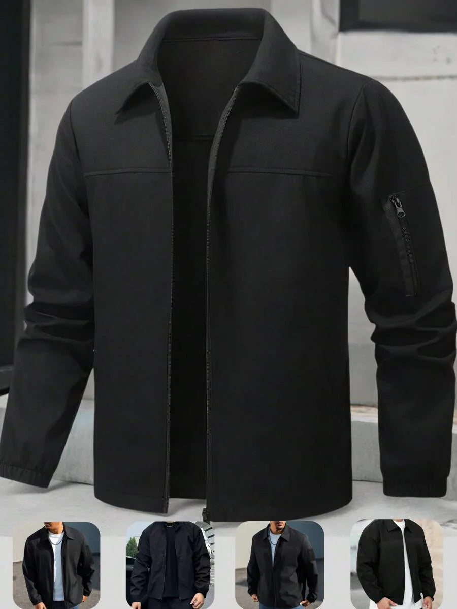 Manfinity Homme Men's Solid Color Zip-Up Casual Outdoor Windbreaker Jacket, Men's Black Jacket, Men's Teachwear Jacket