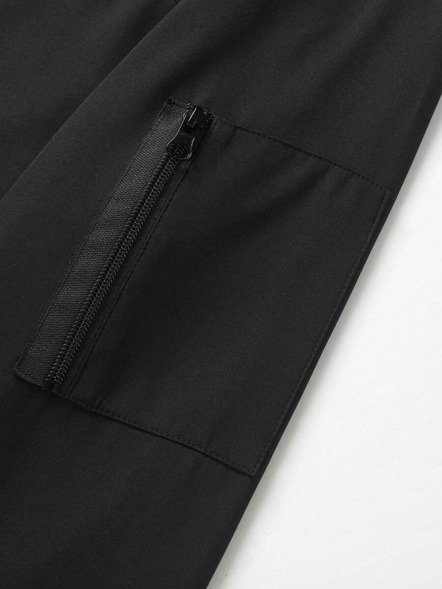 Manfinity Homme Men's Solid Color Zip-Up Casual Outdoor Windbreaker Jacket, Men's Black Jacket, Men's Teachwear Jacket