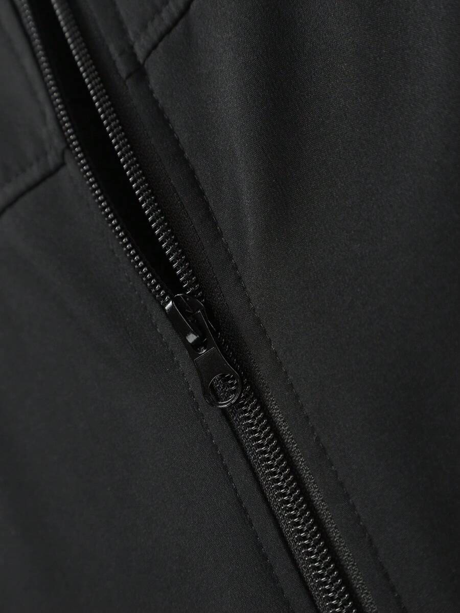 Manfinity Homme Men's Solid Color Zip-Up Casual Outdoor Windbreaker Jacket, Men's Black Jacket, Men's Teachwear Jacket