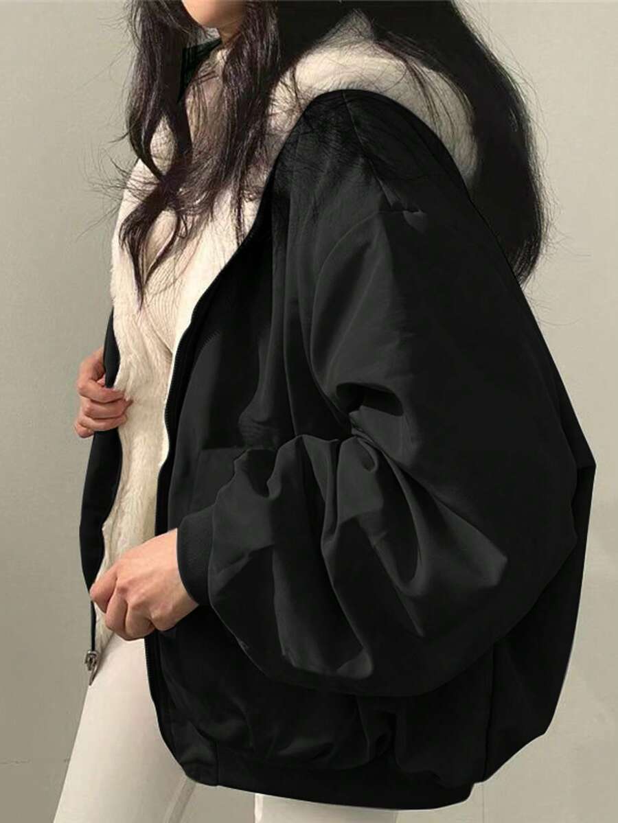 Women's Oversized Hooded Parka With Faux Fur Collar, Slimming Silhouette, Dual-Sided Wear, Daily Street Style, Short Jacket For Autumn/Winter