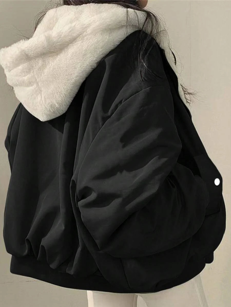 Women's Oversized Hooded Parka With Faux Fur Collar, Slimming Silhouette, Dual-Sided Wear, Daily Street Style, Short Jacket For Autumn/Winter