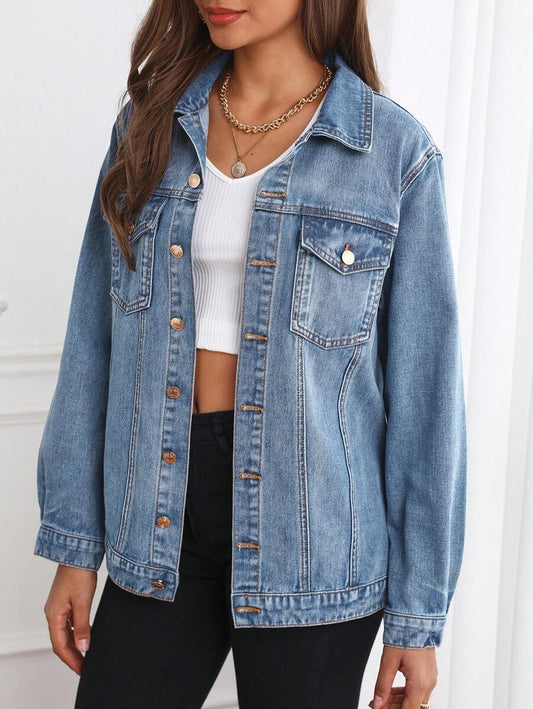 EMERY ROSE Women's Casual Everyday Washed Denim Jacket With Button Closure, Lapel And Pockets