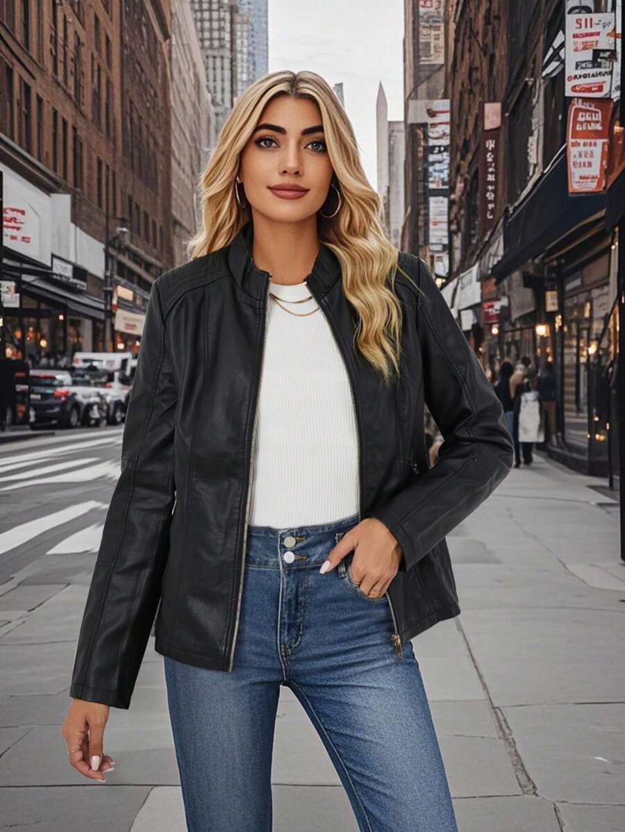 Giolshon Women's Fall/Winter Faux Leather Biker Jacket - Asymmetric Zip, Stand Collar For Edgy Commuting
