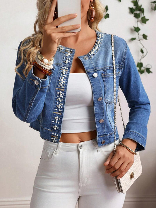 EMERY ROSE Ladies' Faux Pearl Button Front Long Sleeve Denim Jacket And Coat Cropped Denim Jacket Women Jean Jacket Crop Jean Jacket Pearl Embellished Denim Jacket Denim Jacket With Pearl