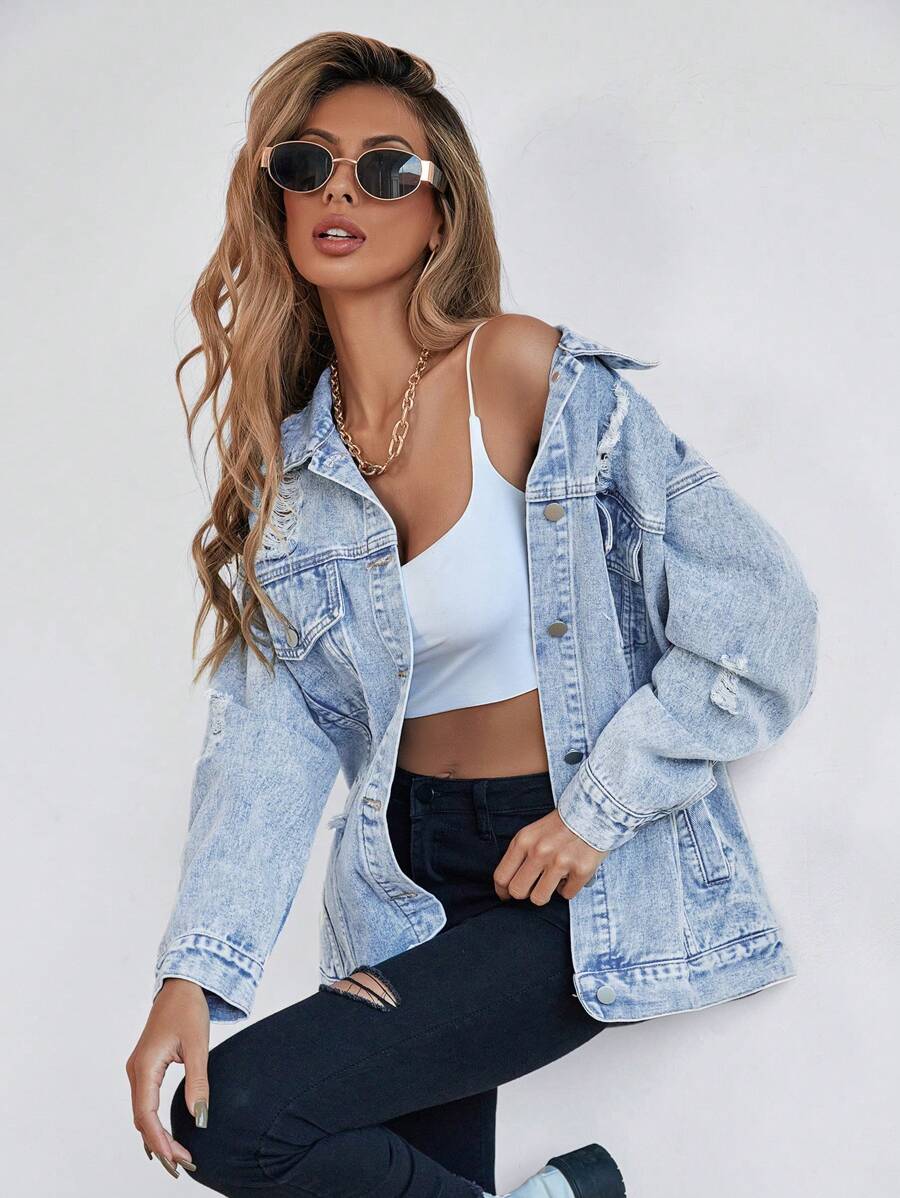 Selenza Button Blue Front Flap Pocket Drop Shoulder Denim Jacket