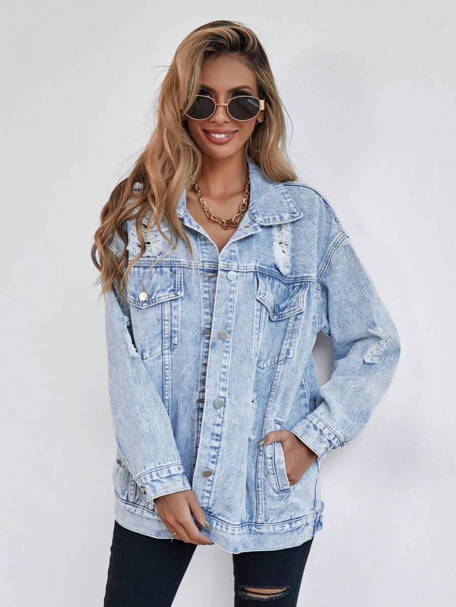 Selenza Button Blue Front Flap Pocket Drop Shoulder Denim Jacket