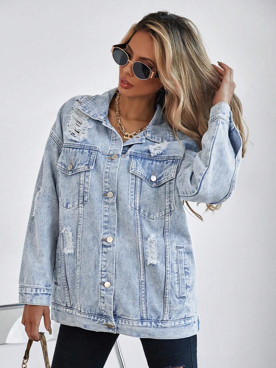 Selenza Button Blue Front Flap Pocket Drop Shoulder Denim Jacket