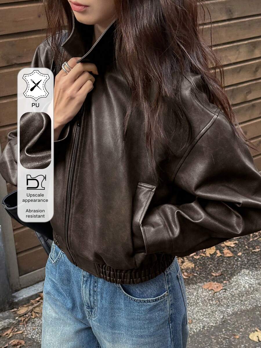 DAZY Spring New Distressed Leather Jacket, Short Style Lady Casual Outerwear, Fall Clothes