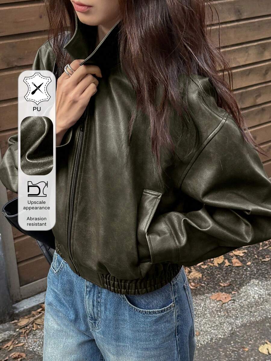 DAZY Spring New Distressed Leather Jacket, Short Style Lady Casual Outerwear, Fall Clothes