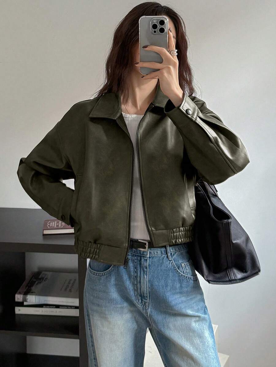DAZY Spring New Distressed Leather Jacket, Short Style Lady Casual Outerwear, Fall Clothes