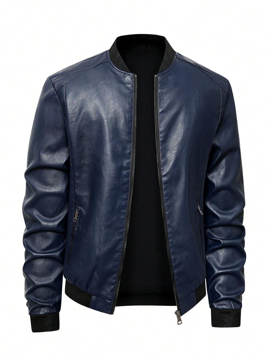 Men's PU Leather Pilot Jacket, Casual Long Sleeve Zippered Baseball Collar Coat With Pockets,Fleece