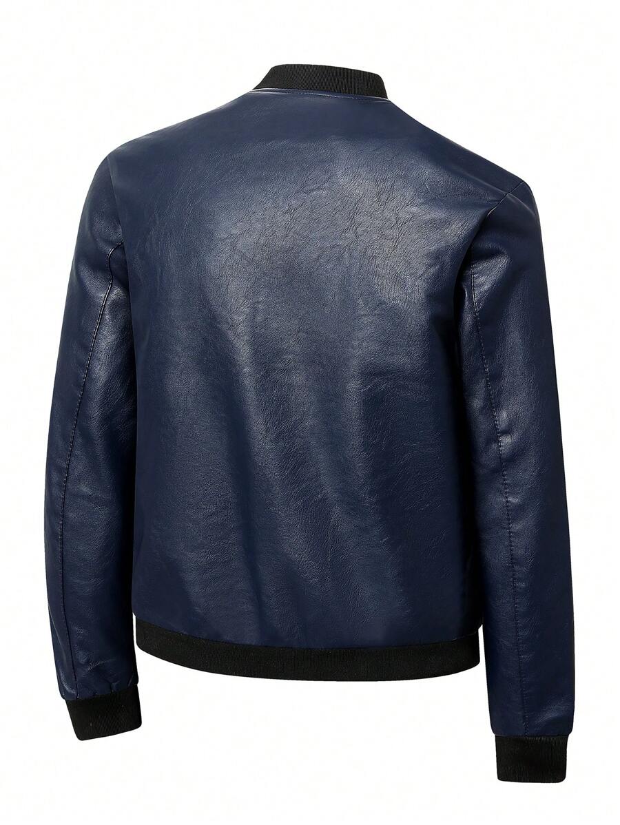 Men's PU Leather Pilot Jacket, Casual Long Sleeve Zippered Baseball Collar Coat With Pockets,Fleece
