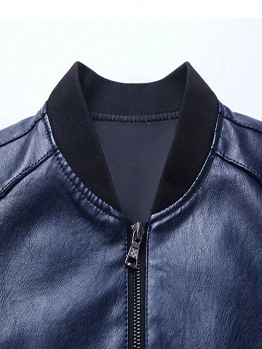 Men's PU Leather Pilot Jacket, Casual Long Sleeve Zippered Baseball Collar Coat With Pockets,Fleece