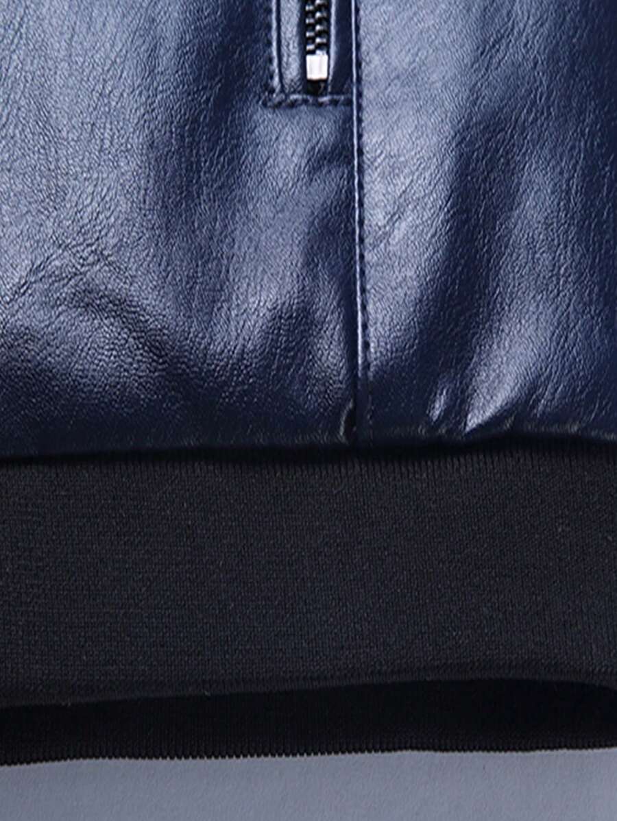 Men's PU Leather Pilot Jacket, Casual Long Sleeve Zippered Baseball Collar Coat With Pockets,Fleece