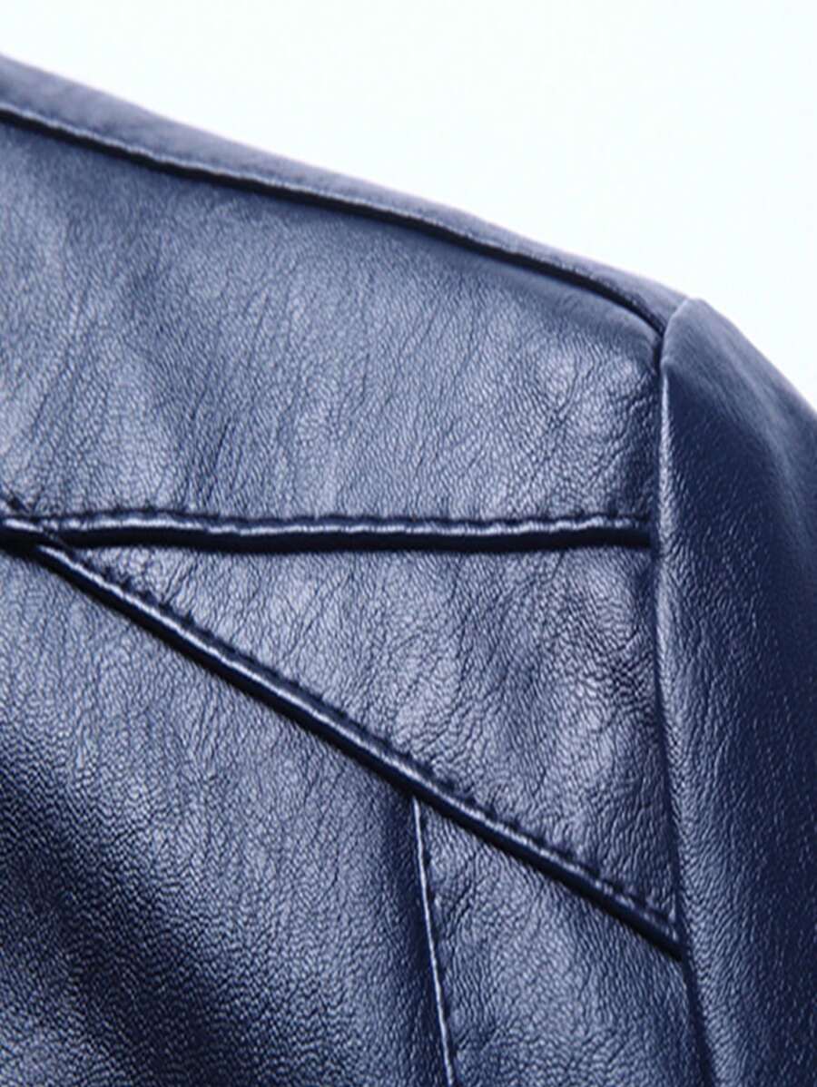 Men's PU Leather Pilot Jacket, Casual Long Sleeve Zippered Baseball Collar Coat With Pockets,Fleece