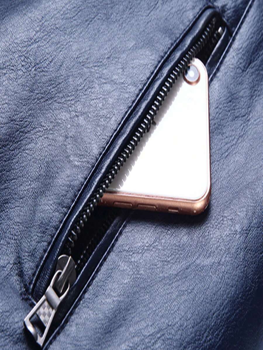 Men's PU Leather Pilot Jacket, Casual Long Sleeve Zippered Baseball Collar Coat With Pockets,Fleece