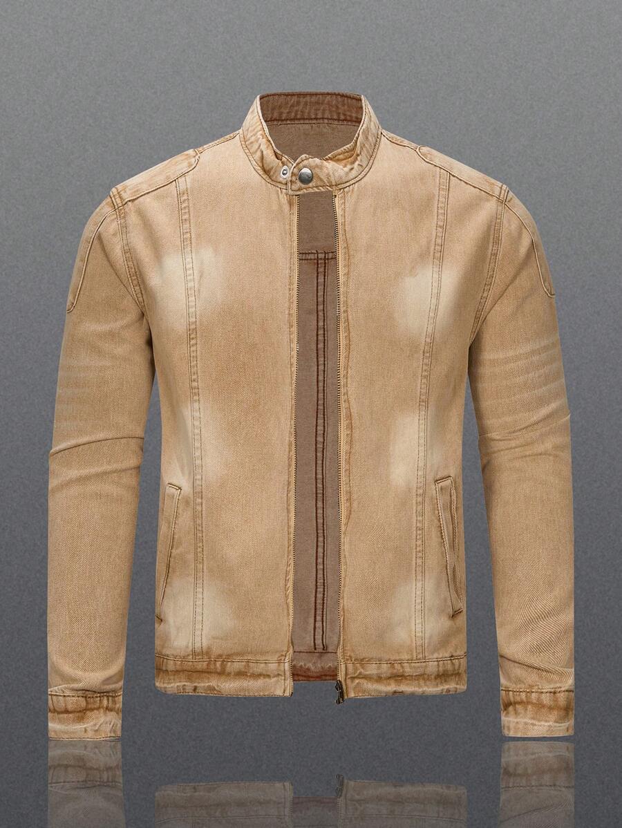 Manfinity Homme Men's Biker-Style Zip-Up Denim Jacket With Collar For Men, For Fall