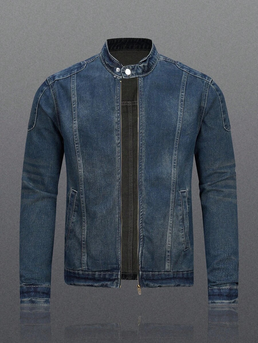 Manfinity Homme Men's Biker-Style Zip-Up Denim Jacket With Collar For Men, For Fall