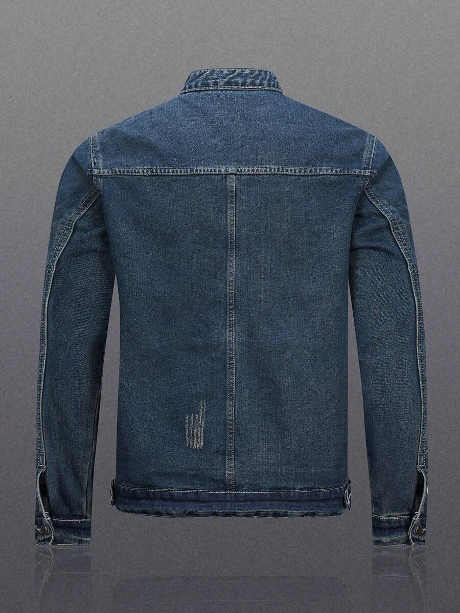 Manfinity Homme Men's Biker-Style Zip-Up Denim Jacket With Collar For Men, For Fall