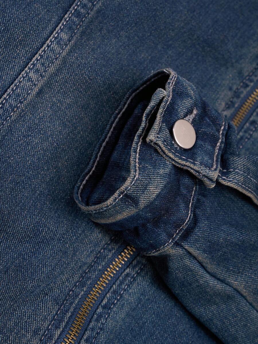 Manfinity Homme Men's Biker-Style Zip-Up Denim Jacket With Collar For Men, For Fall